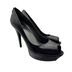 Stuart Weitzman STAGE Kid Leather Black Peep Toe Platform Pumps Size 8.5